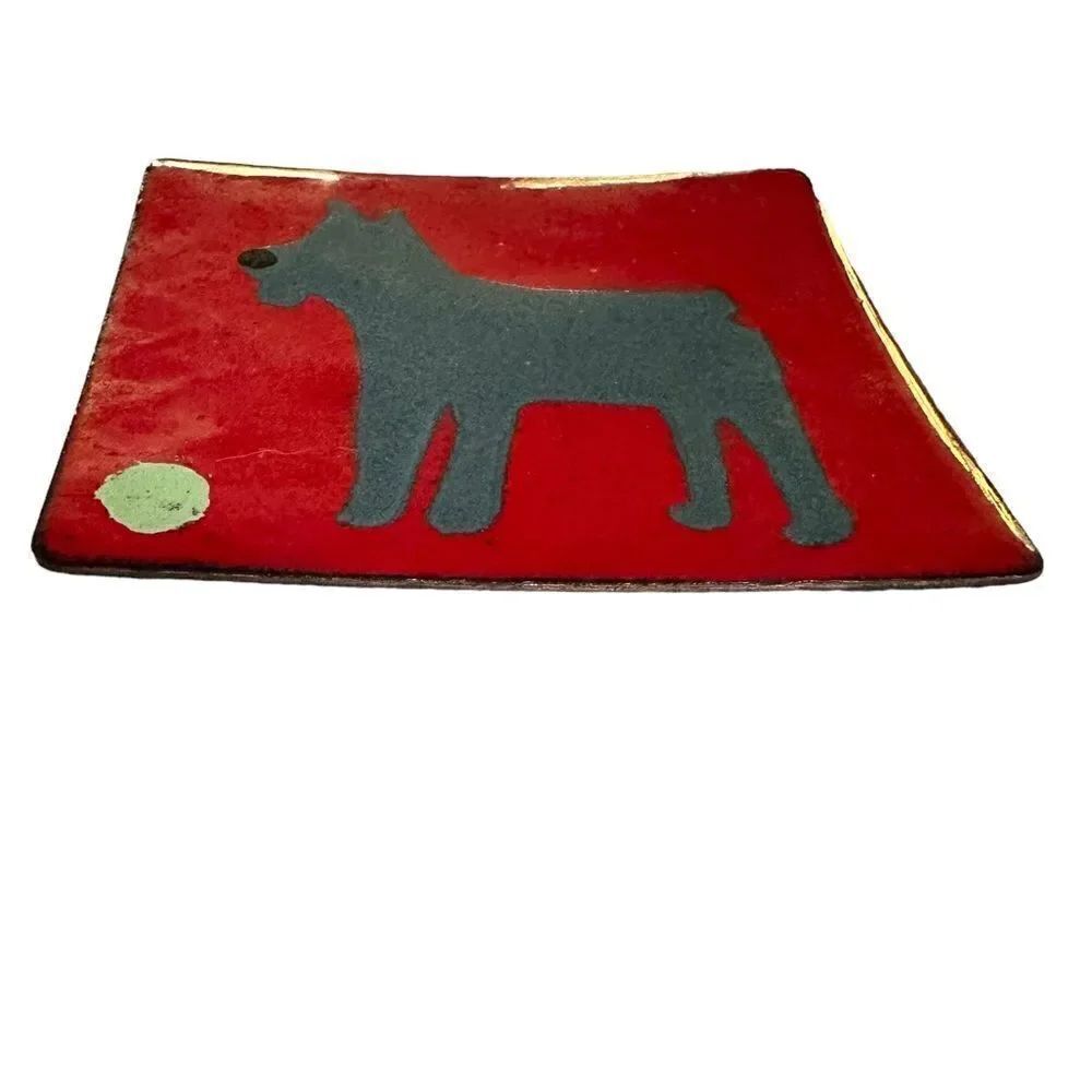 Terrier Dog Design enamel on copper trinket tray